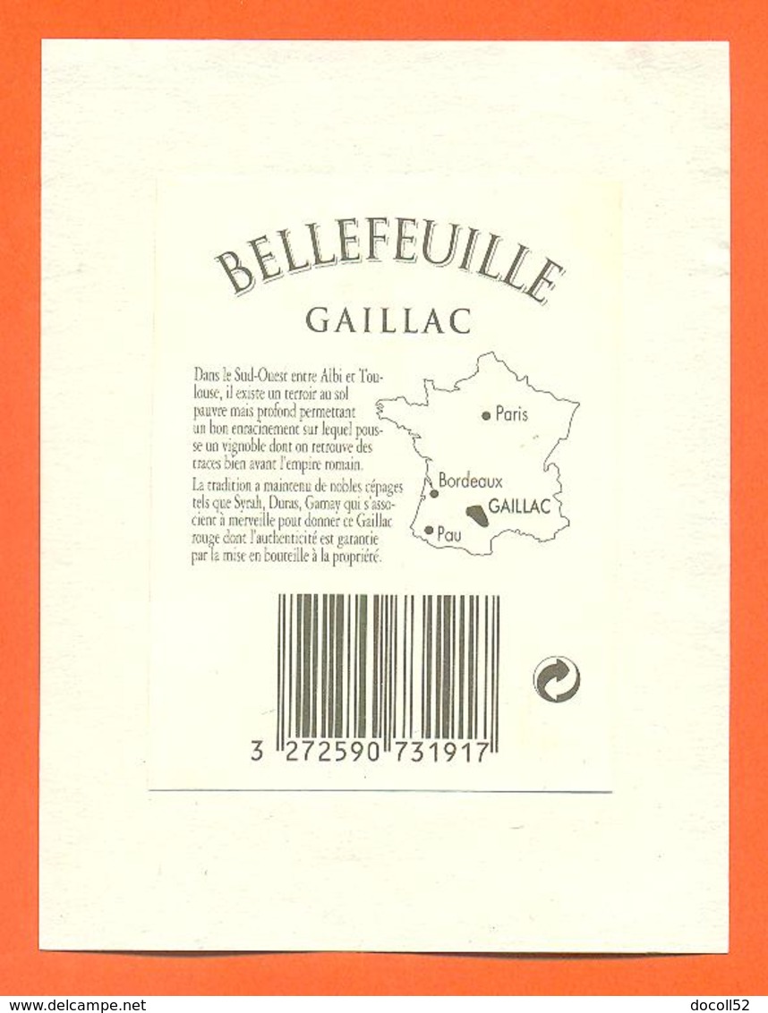 étiquette + Collerette De Dos De Vin Gaillac Bellefeuille 1994 Caves à Rabestens - 75 Cl - Gaillac