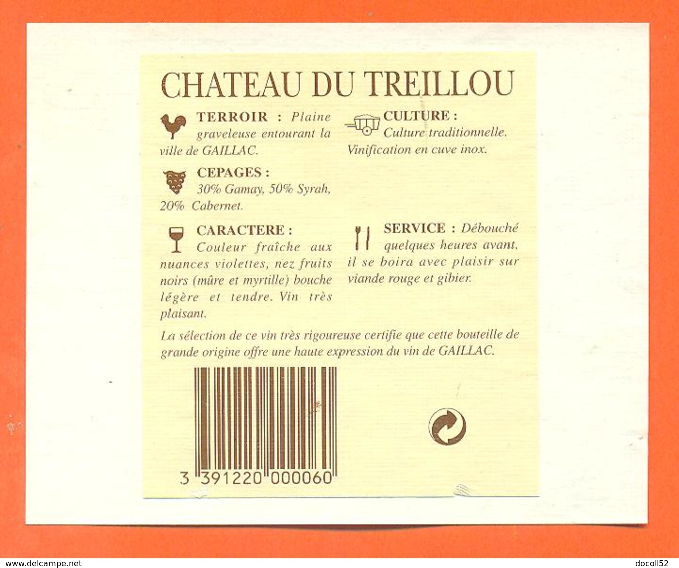 étiquette + Etiq De Dos De Vin Gaillac Chateau Du Treillou 1996 Caves à L'isle Sur Tarn - 75 Cl - Gaillac