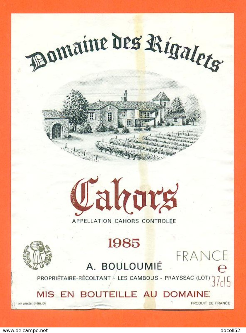 étiquette De Vin Cahors Domaine Des Rigalets 1985 A Bouloumié à Les Cambous - 37,5 Cl - Cahors