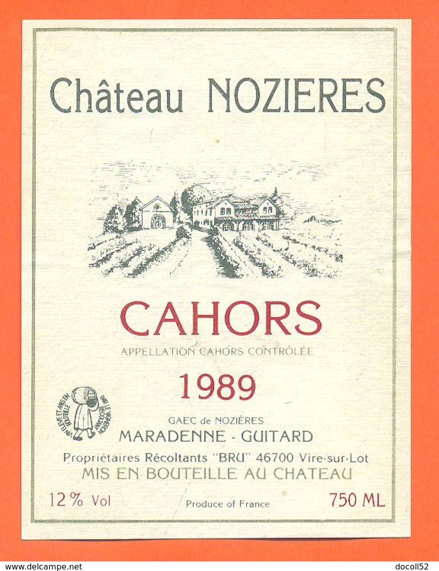 étiquette De Vin Cahors Chateau Nozieres 1989 Maradenne Guitard à Vire Sur Lot - 75 Cl - Cahors