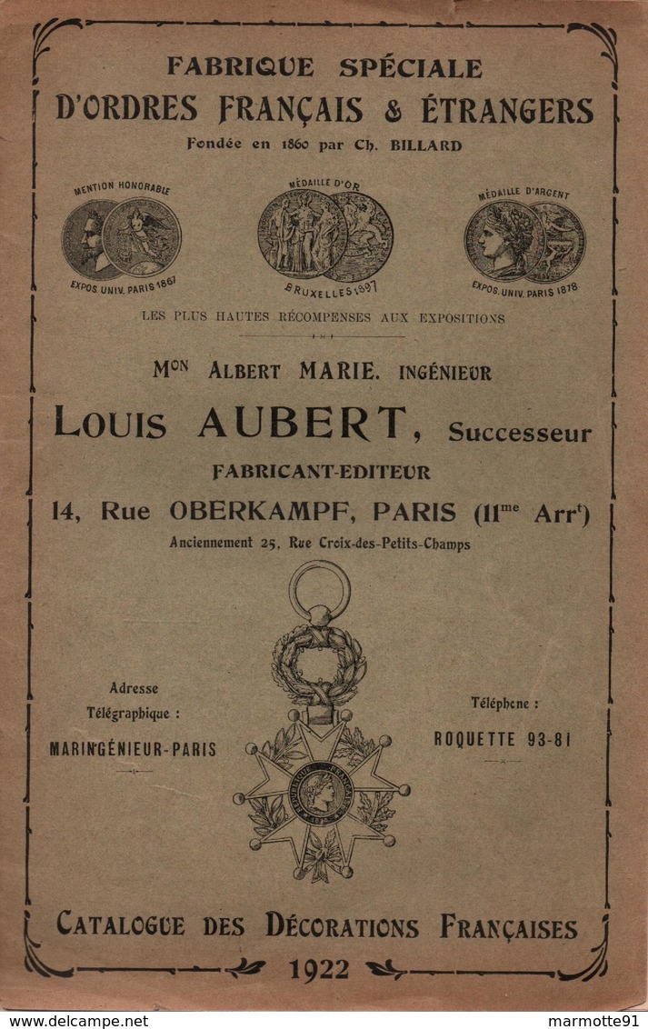 CATALOGUE FABRICANT ORDRE DECORATION MEDAILLE L. AUBERT 1922 - Francia