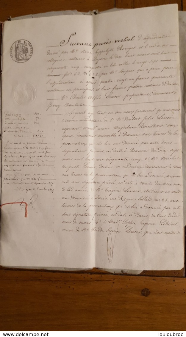 ACTE DE MARS 1855 ADJUDICATION DE TERRE  A BEIRE LE CHATEEL - Historical Documents