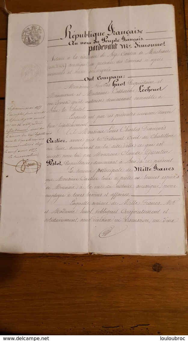 ACTE DE  AOUT 1849 OBLIGATION HUOT CARTIER BEIRE LE CHATEL - Historical Documents