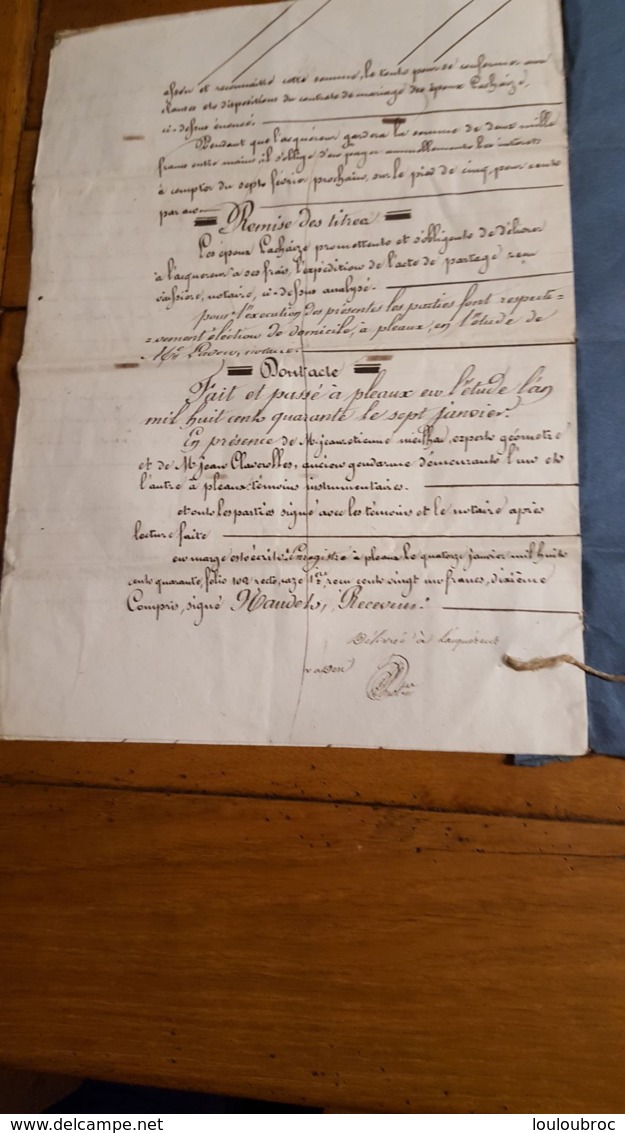 ACTE DE  JANVIER 1840  ACTE  NOTARIE PLEAUX CANTAL - Documents Historiques