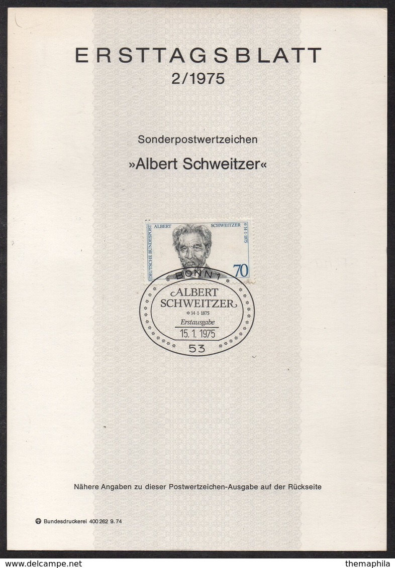 ALBERT SCHWEITZER - PRIX NOBEL / 1975 ALLEMAGNE FEUILLET OFFICIEL PREMIER JOUR - FDC (ref 7881) - Albert Schweitzer