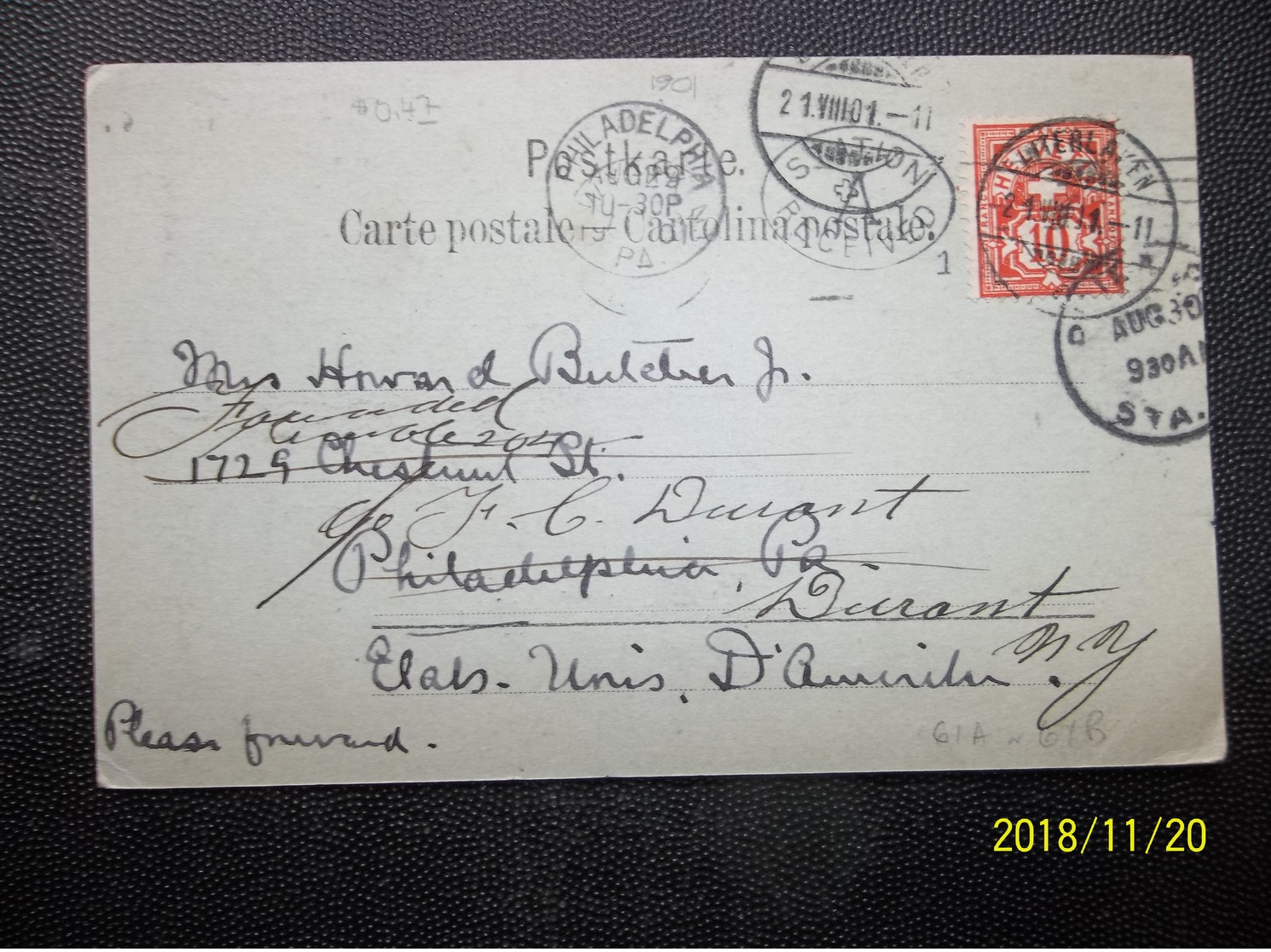 Helvetia: 1901 PPC To USA (#KK10) - Covers & Documents