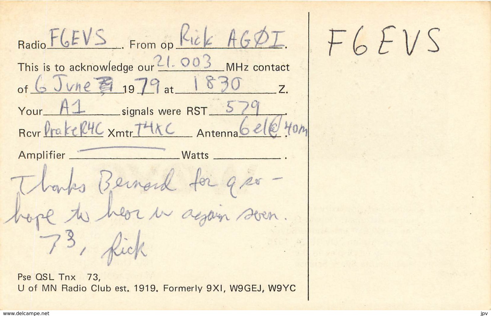 QSL - NINNEAPOLIS - MINNESOTA - USA -1979 - Amateurfunk