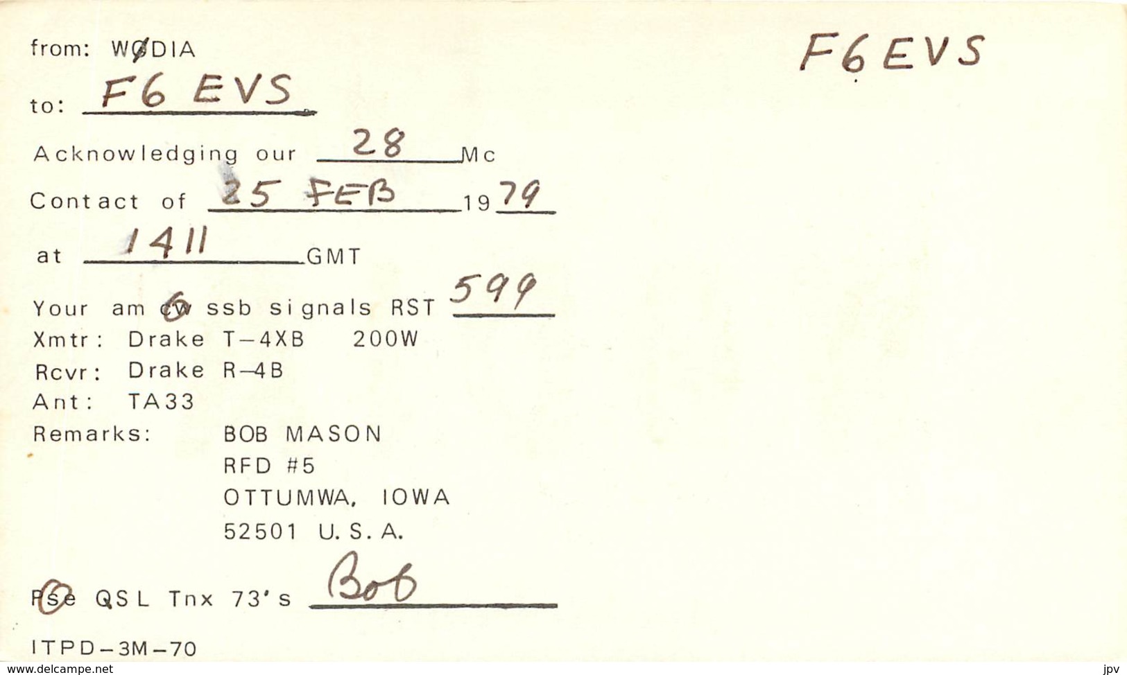 QSL - OTTUMWA - IOWA - WAPELLO - USA - 1979 - Radio Amateur