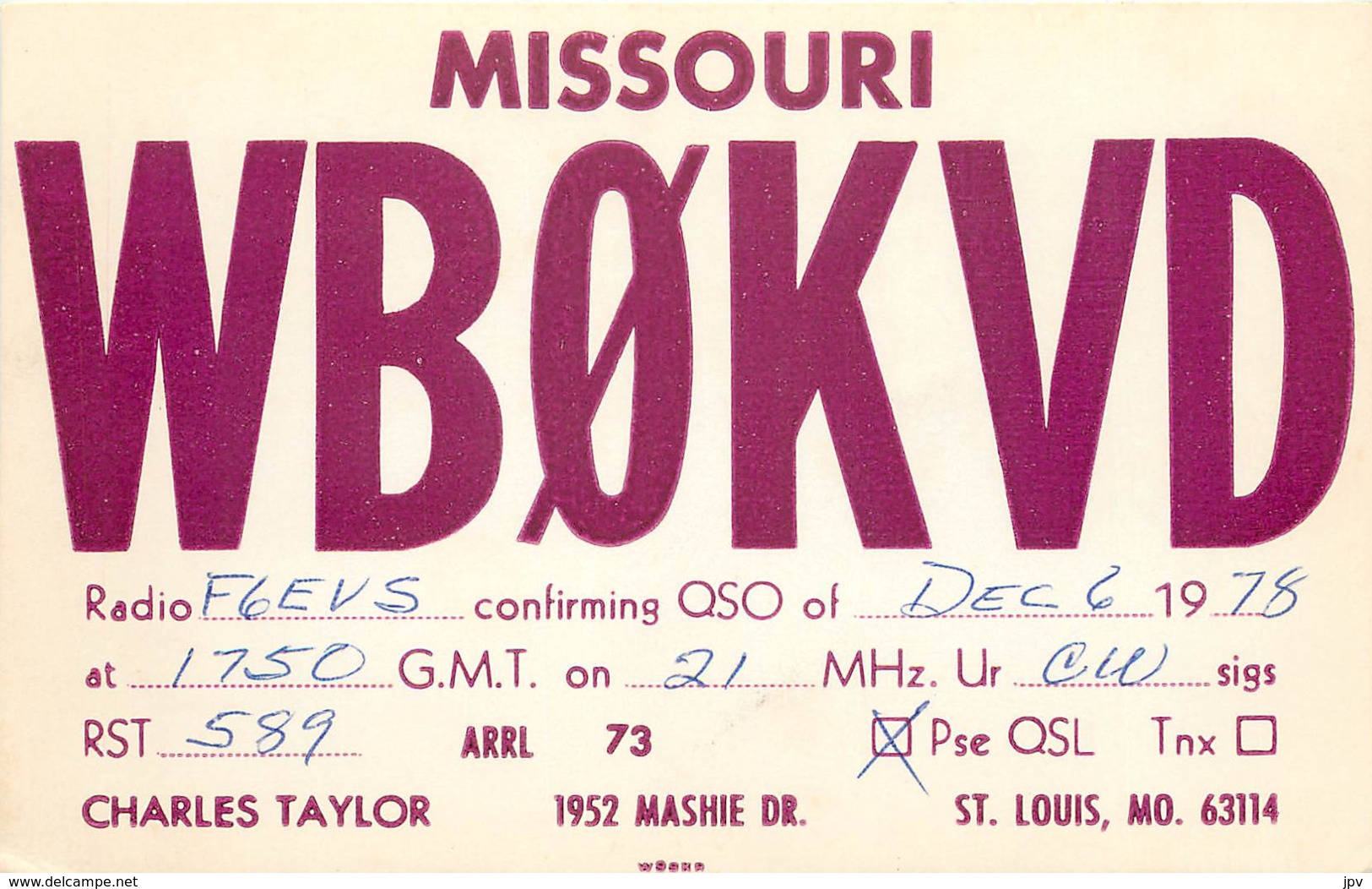 QSL - ST LOUIS, MISSOURI - USA - 1978 - Radio Amateur