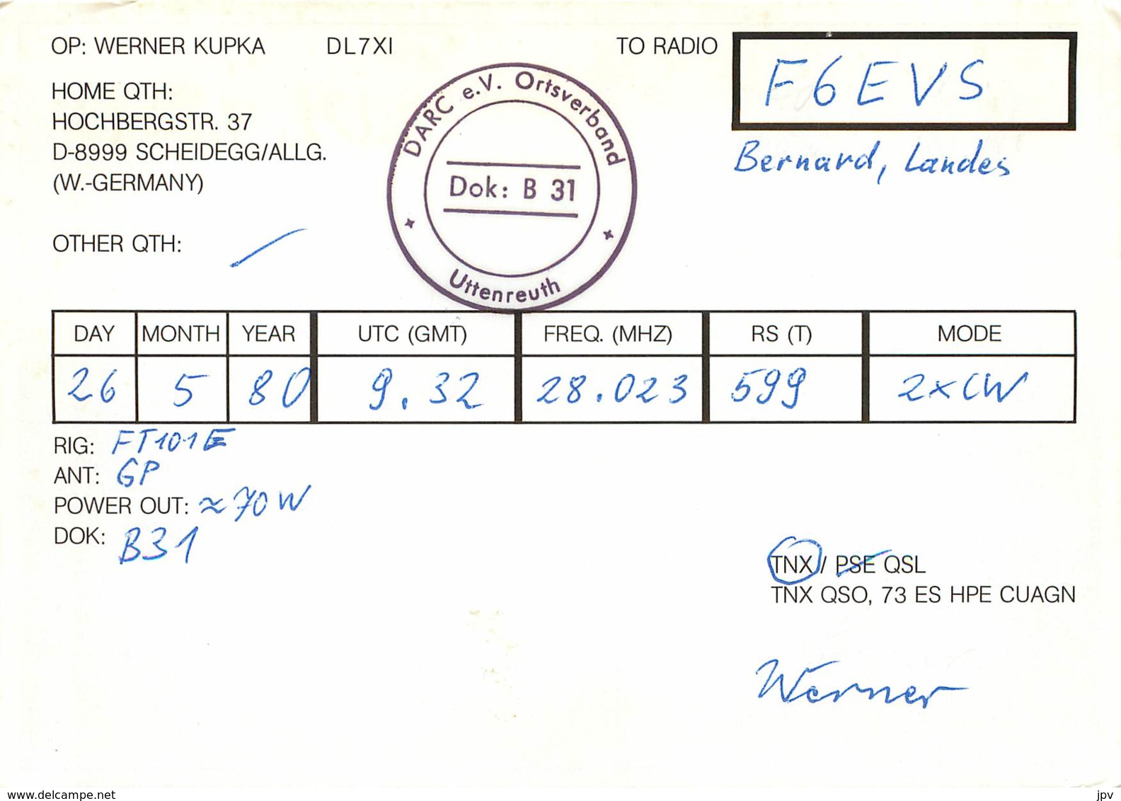 QSL - SCHEIDEGG - GERMANY - 1980 - Radio Amateur