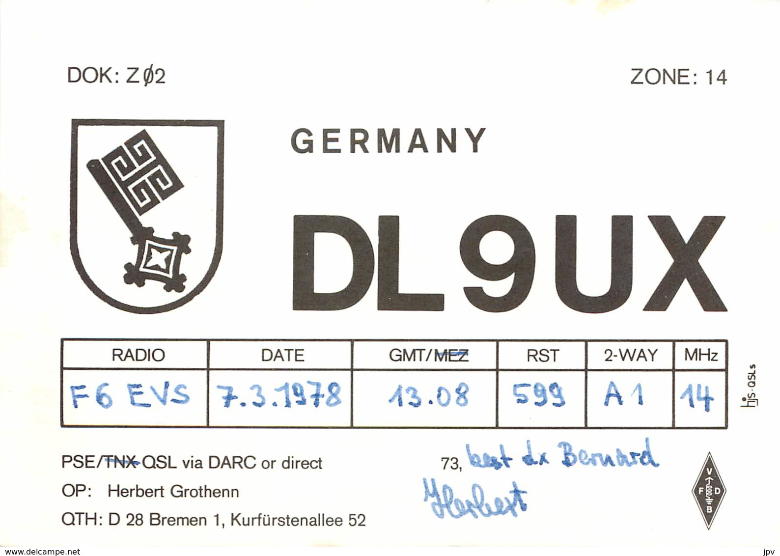 QSL - BREMEN - GERMANY - 1978 - Radio Amateur