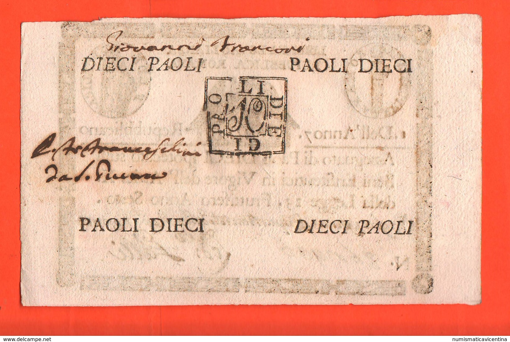 10 Paoli 1790 Stato Pontificio Papa Pio VI° Pope Papal State 1° Repubblica Romana First Roman Republic - Vaticano