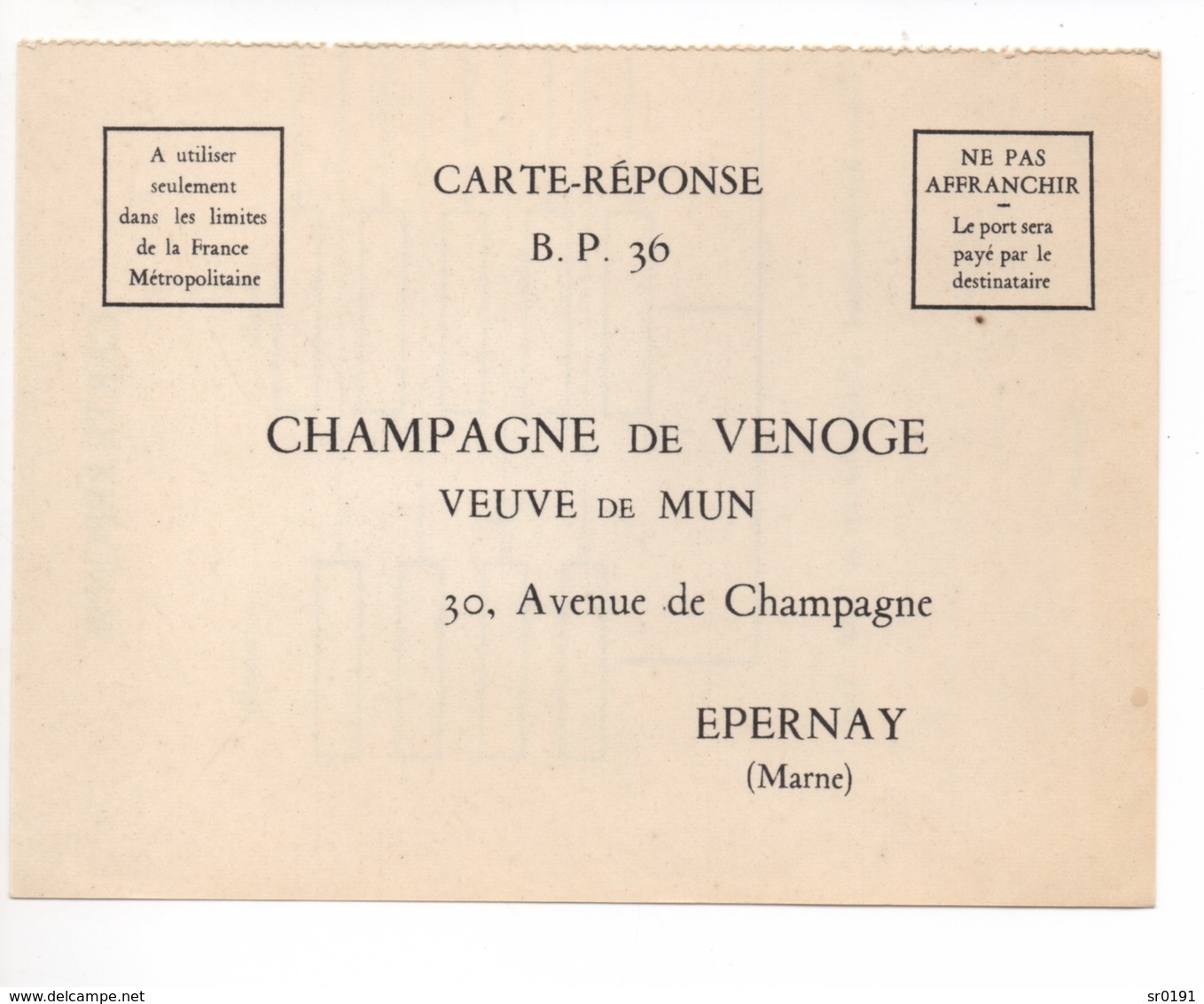 CARTE REPONSE  CHAMPAGNE DE VENOGE - Cupón-respuesta