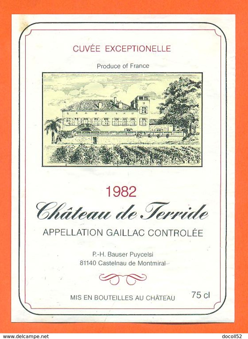 étiquette De Vin Gaillac Chateau De Terride 1982 à Castelnau De Montmiral - 75 Cl - Gaillac
