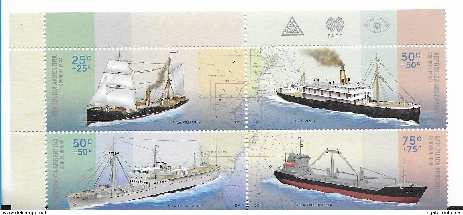 ARGENTINA 2004 SCOTT B189 SHIPS BLOCK OF FOUR MINT NH - Unused Stamps