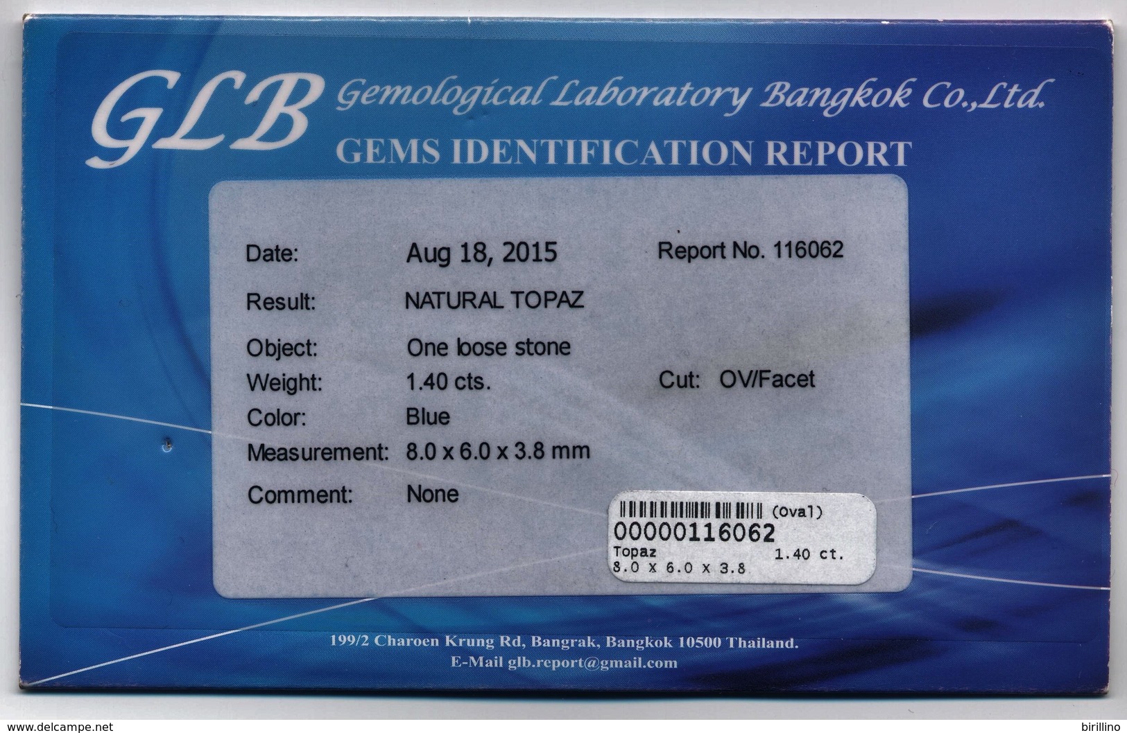 1152 - Topazio blu cielo ct. 1.40 - Oval Facet  - Certificato GLB - Molto bello