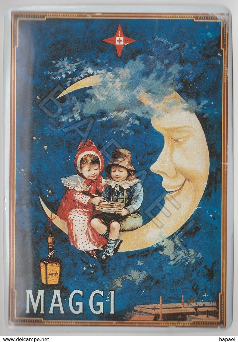 Repro D’Affiches Publicitaires Vintage Sur Métal Émaillé (Effet Bombé) - Maggi (Enfants Sur Lune) (Recto-Verso) - Enameled Signs (after1960)