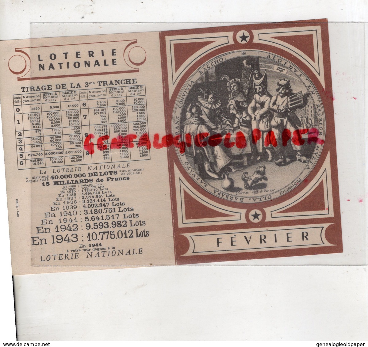 LOTERIE NATIONALE GUERRE 1939-1945- TIRAGE 3 EME TRANCHE FEVRIER 1944- CALENDRIEN GREGORIEN  PAPE GREGOIRE - Billets De Loterie