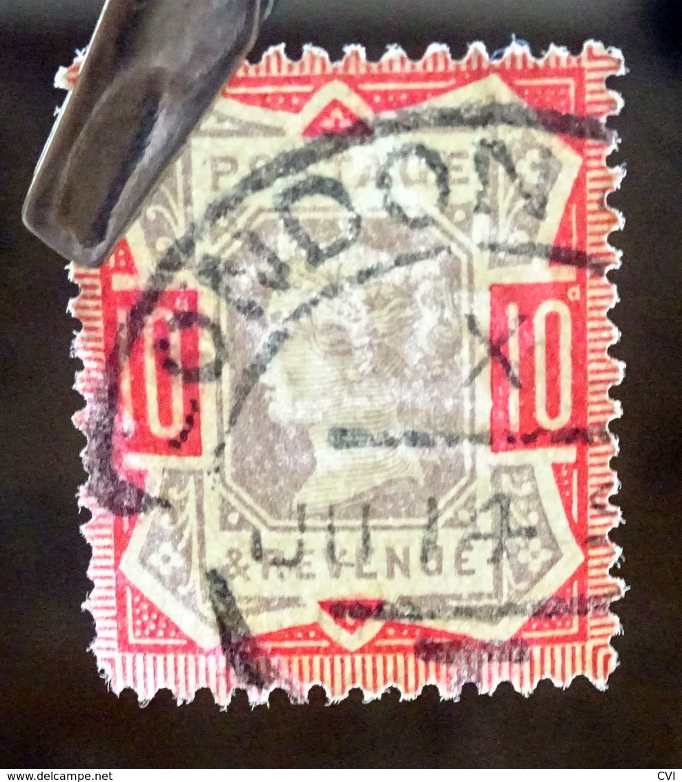 GB QV 1887-1890 SG210b/Sc.#121  10d Dull Purple & Scarlet, JUBILEE ISSUE, London Scroll/Hooded Cancel, Used. - Used Stamps