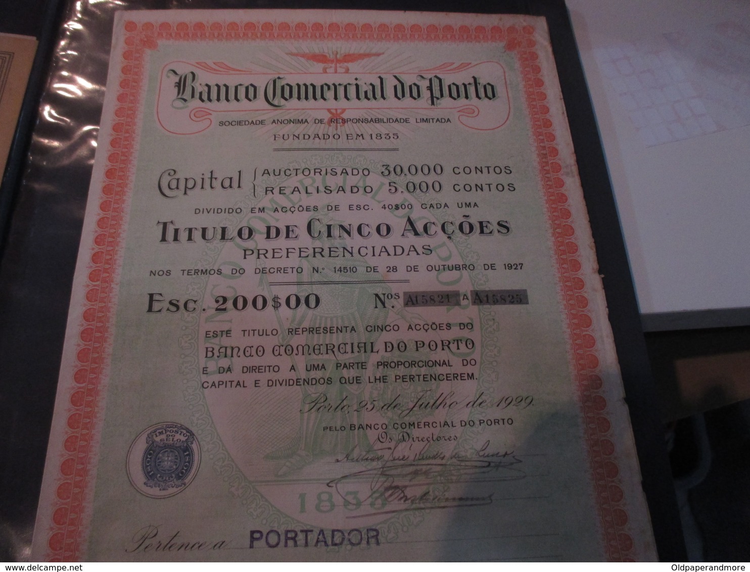 PORTUGAL - PORTO  - SHARE -  BANCO COMERCIAL DO PORTO 1929 - Banque & Assurance