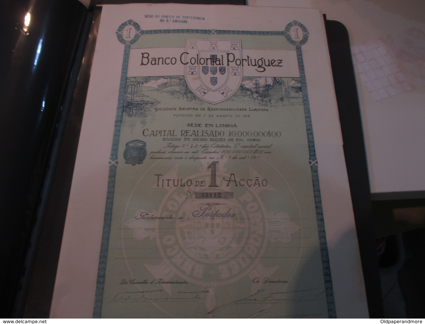 PORTUGAL - LISBOA   - SHARE -  BANCO COLONIAL PORTUGUÊZ 1918 - Banque & Assurance