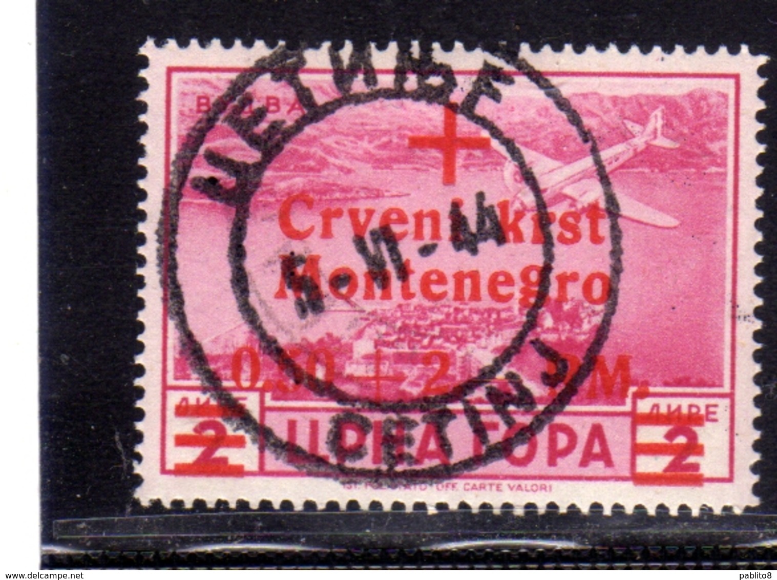 MONTENEGRO TEDESCA CETTIGNE 1944 POSTA AEREA AIR MAIL CROCE ROSSA RED CROSS 0,50 + 2m SU 2L USATO USED OBLITERE' - Deutsche Bes.: Montenegro