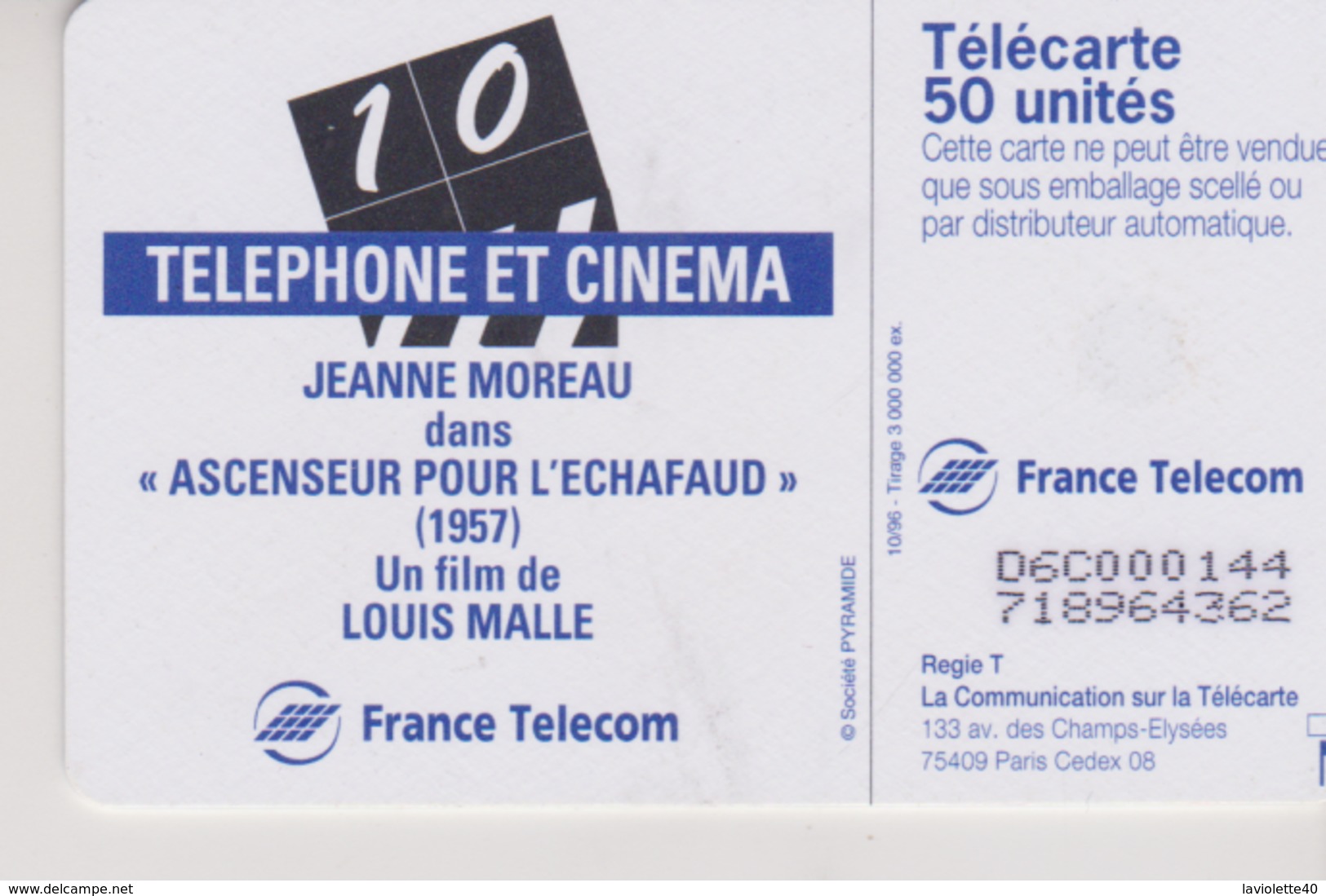TELECARTE -  TELEPHONE ET CINEMA - JEANNE MOREAU - 50 Unités - 1996