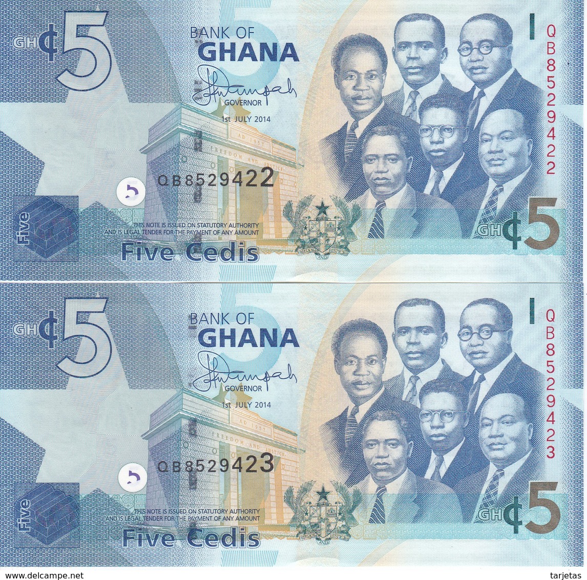 PAREJA CORRELATIVA DE GHANA DE 5 CEDIS DEL AÑO 2014 SIN CIRCULAR - UNCIRCULATED (BANKNOTE) - Ghana