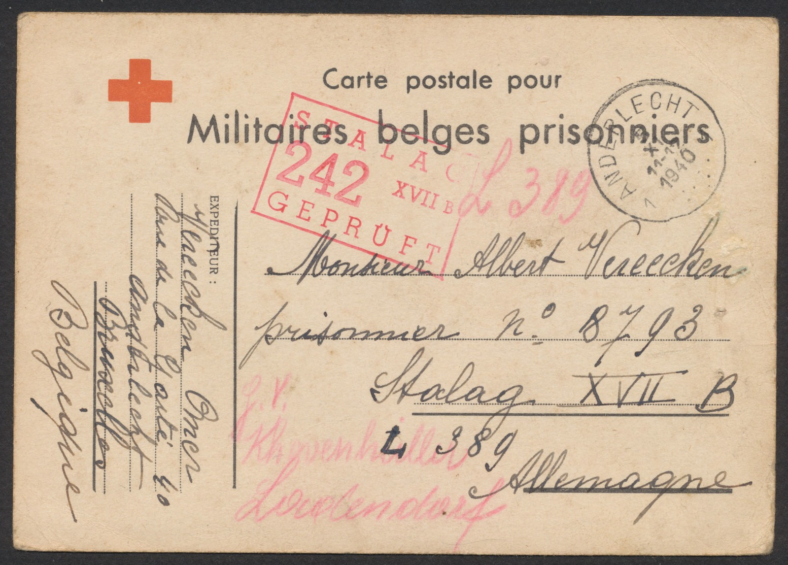 Guerre 40-45 - CP Pour Militaires Belges Prisionniers De Anderlecht (1940) Vers Stalag XVII B / Texte Au Verso, Croix-ro - Guerre 40-45 (Lettres & Documents)