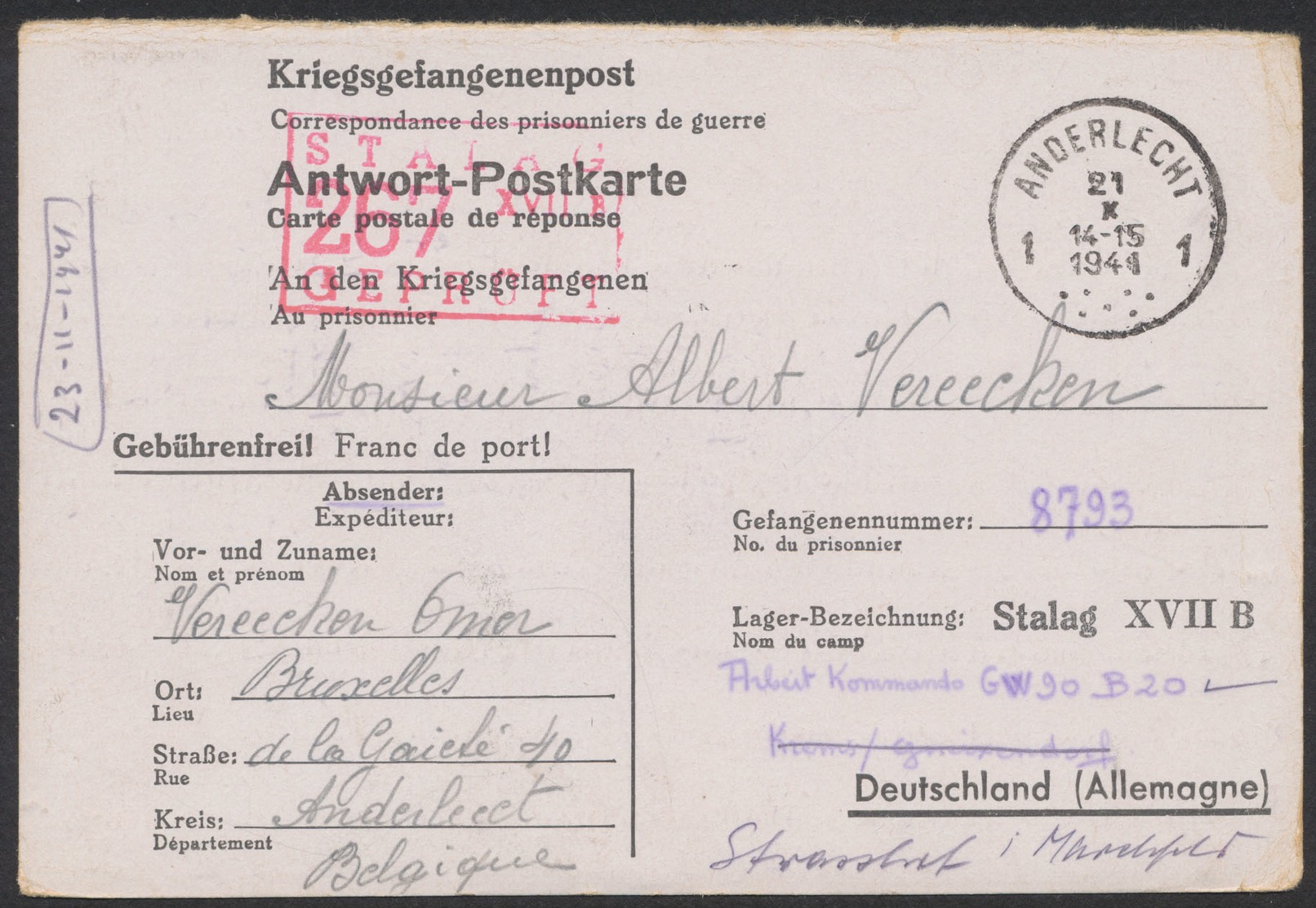 Guerre 40-45 - Carte "Kriegsgefangenenpost" De Anderlecht 21/10/41 Vers Stalag XVII B / Texte Au Verso - Guerre 40-45 (Lettres & Documents)