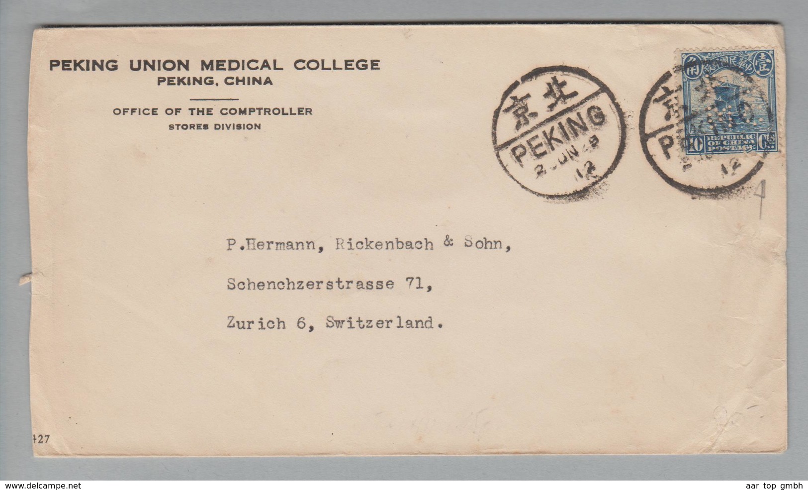 China 1925-06-02 Peking Brief Mit 10 Cent. Perfinmarke Nach Zürich - Sinkiang 1915-49