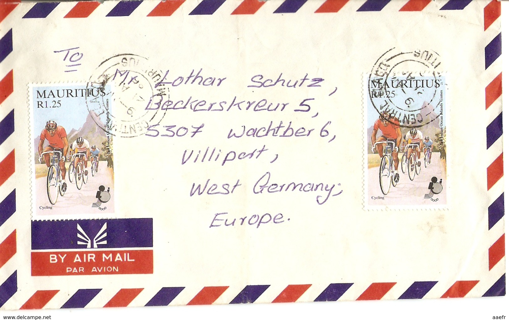 Maurice 1986 - Poste Aérienne - Lettre De Central Flacq à Villiprott - Allemagne De L'Ouest - Cyclisme - Vélo - Mauritius (1968-...)