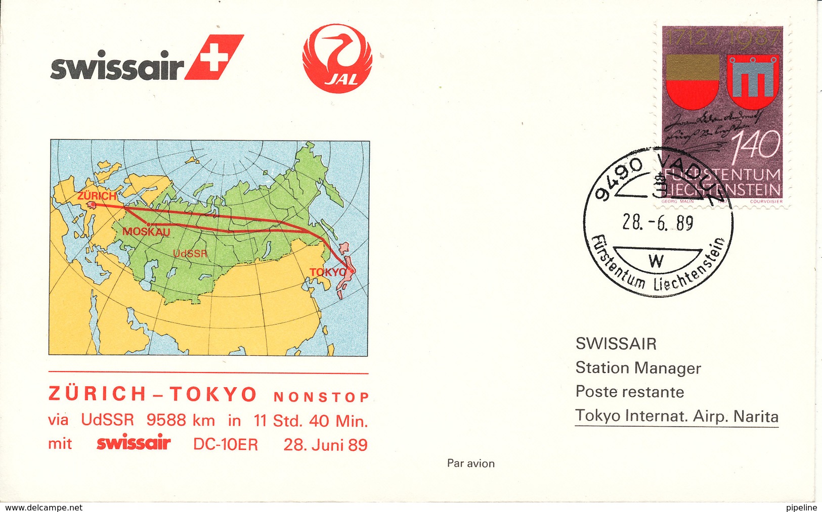 Liechtenstein Swissair First Flight DC-10 Zurich - Tokyo Via UDSSR 28-6-1989 - Covers & Documents