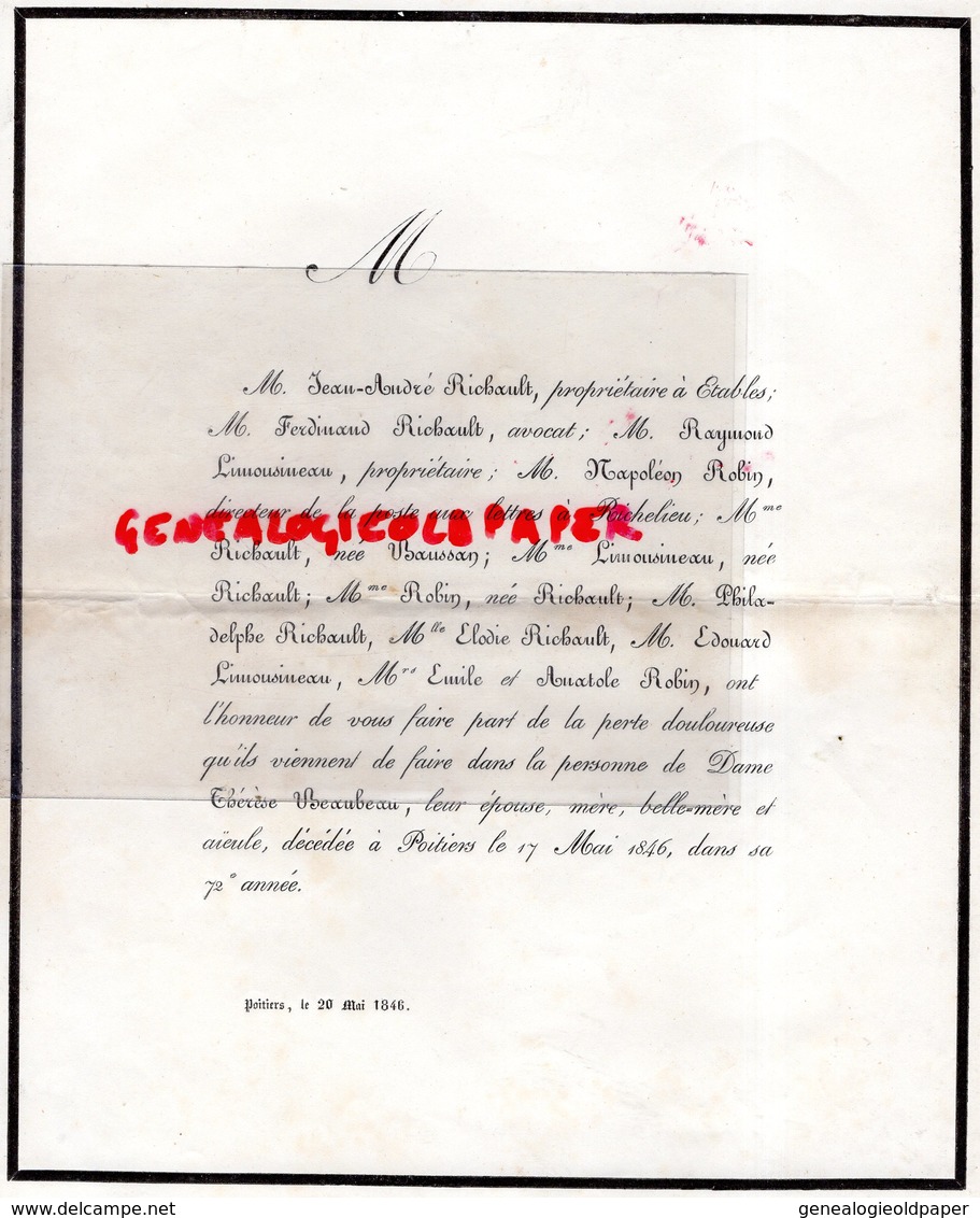 86- POITIERS- FAIRE PART DECES THERESE BEAUBEAU 17 MAI 1846- JEAN ANDRE RICHAULT ETABLES-LIMOUSINEAU -NAPOLEON ROBIN - Obituary Notices