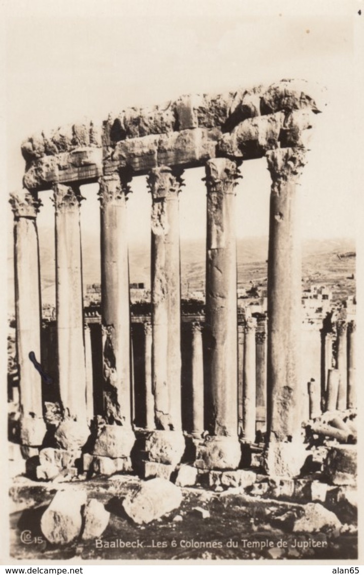 Baalbeck Ruins Lebanon, Columns Of Temple Of Jupiter, Architecture, C1920s/50s Vintage Real Photo Postcard - Lebanon