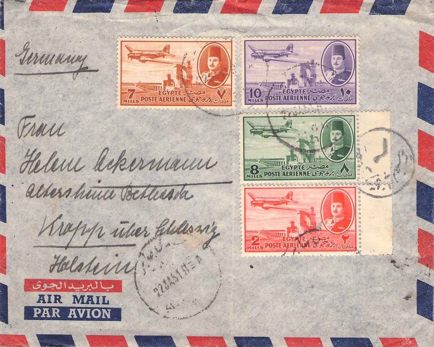 EGYPT - AIR MAIL LETTER 1951 -> KROPP/GERMANY Mi #305, 308-310 - Luftpost