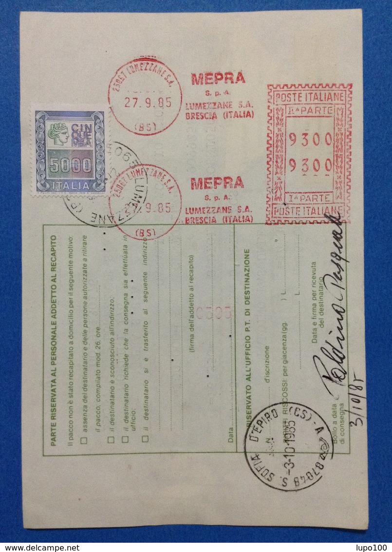 1985 AFFRANCATURA MECCANICA ROSSA EMA RED SU BOLLETTINO PACCHI MEPRA SPA LUMEZZANE S.A. BRESCIA - Macchine Per Obliterare (EMA)