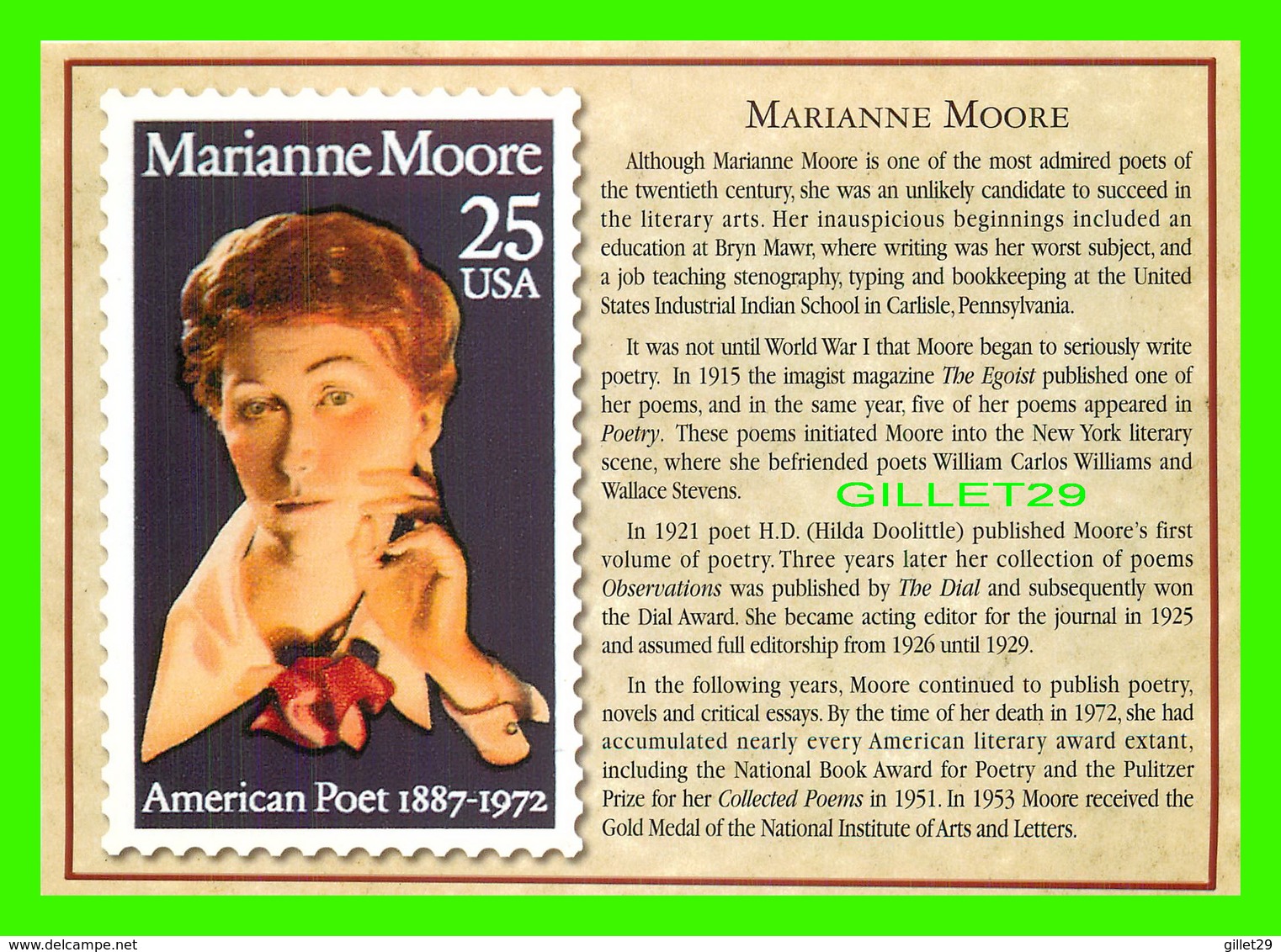 TIMBRES REPRÉSENTATIOINS - GREAT AMERICAN WRITERS, MARIANNE MOORE, POET (1887-1972) - STAMP ISSUE DATE, 1990 - - Timbres (représentations)