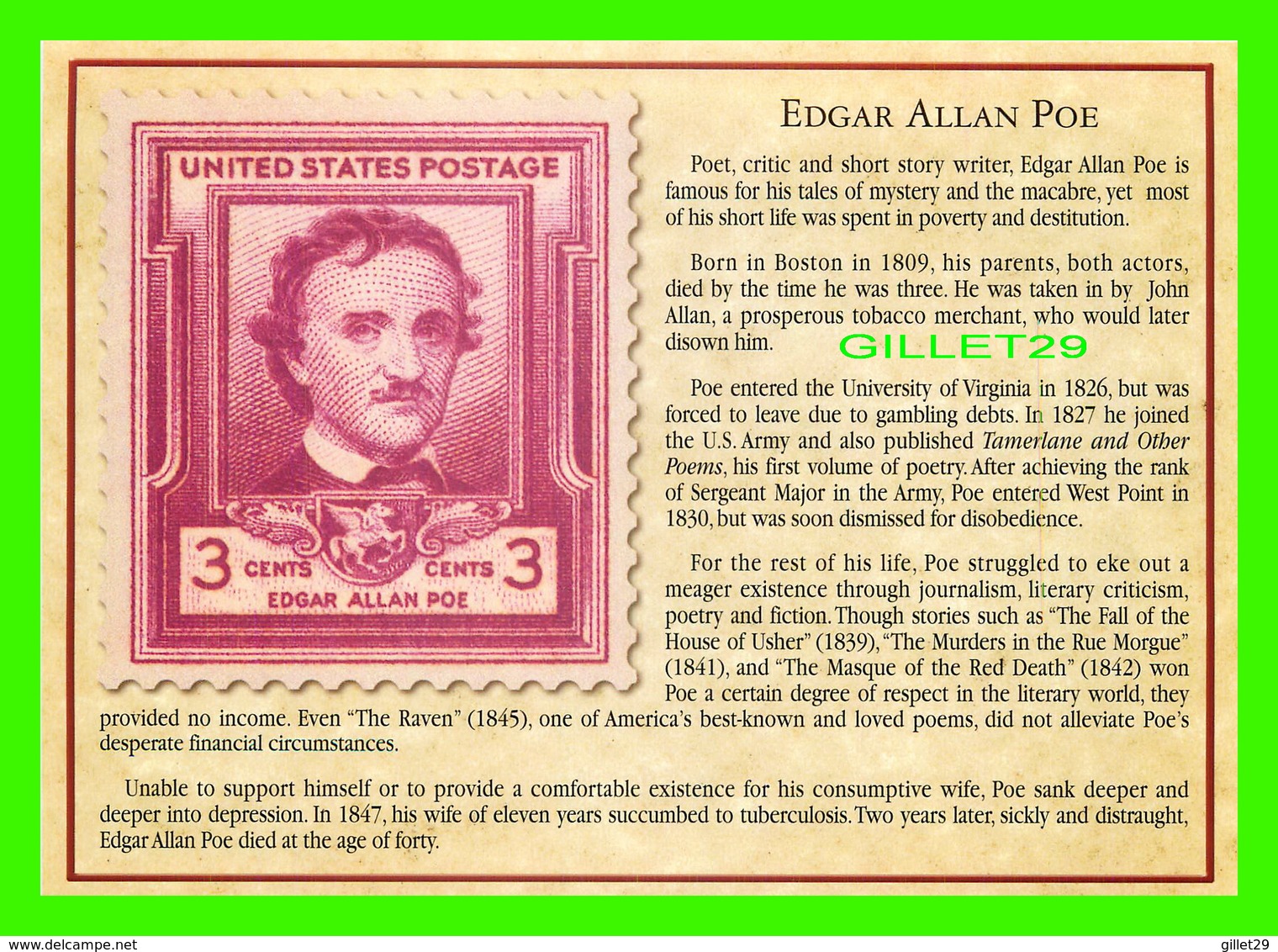 TIMBRES REPRÉSENTATIOINS - GREAT AMERICAN WRITERS, EDGAR ALLAN POE (1809-1849) - STAMP ISSUE DATE,1949 - - Timbres (représentations)