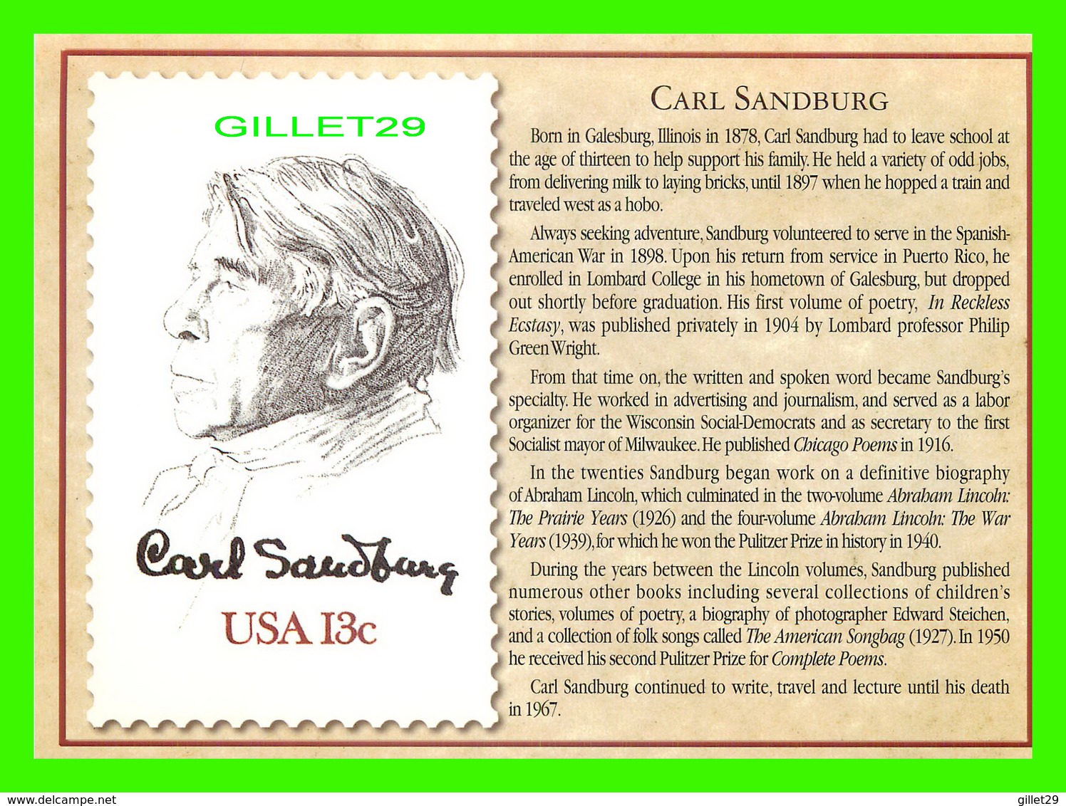 TIMBRES REPRÉSENTATIOINS - GREAT AMERICAN WRITERS, CARL SANDBURG (1878-1967) - STAMP ISSUE DATE,1978 - Timbres (représentations)