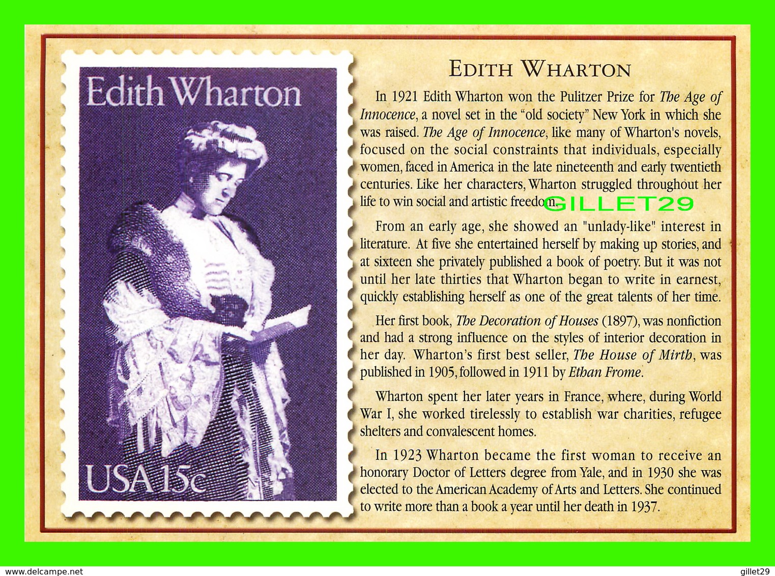 TIMBRES REPRÉSENTATIOINS - GREAT AMERICAN WRITERS, EDITH WHARTON (1862-1937) - STAMP ISSUE DATE,1980 - Timbres (représentations)