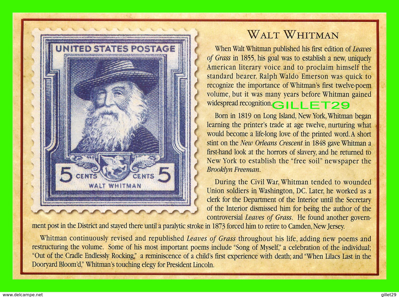 TIMBRES REPRÉSENTATIOINS - GREAT AMERICAN WRITERS, WALT WHITMAN (1819-1892) - STAMP ISSUE DATE,1940 - Briefmarken (Abbildungen)