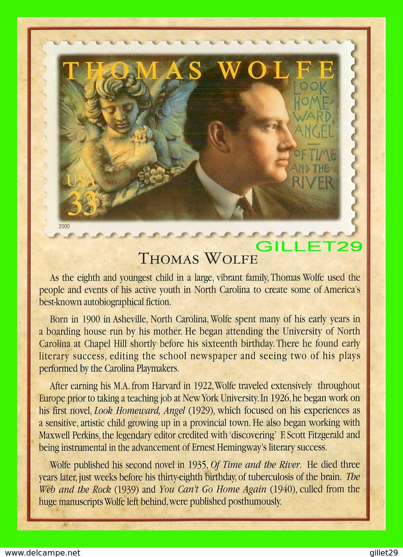 TIMBRES REPRÉSENTATIOINS - GREAT AMERICAN WRITERS, THOMAS WOLFE (1900-1938) - STAMP ISSUE DATE,2000 - Timbres (représentations)