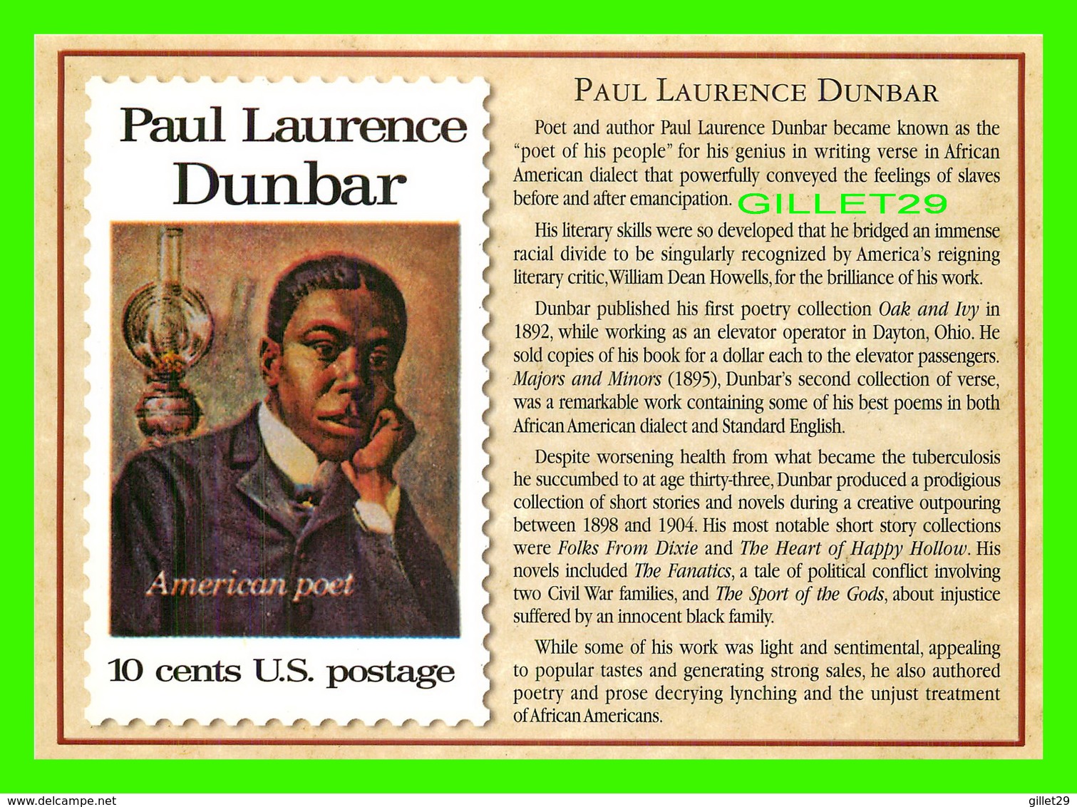 TIMBRES REPRÉSENTATIOINS - GREAT AMERICAN WRITERS, PAUL LAURENCE DUNBAR ( 1872-1906) - STAMP ISSUE DATE,1975 - - Timbres (représentations)