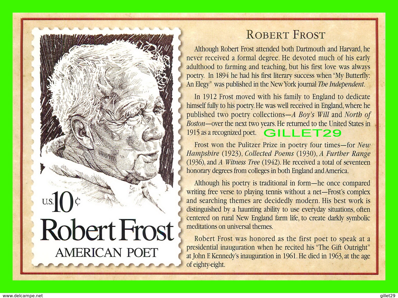 TIMBRES REPRÉSENTATIOINS - GREAT AMERICAN WRITERS, ROBERT FROST (1874-1963) - STAMP ISSUE DATE,1974 - - Timbres (représentations)