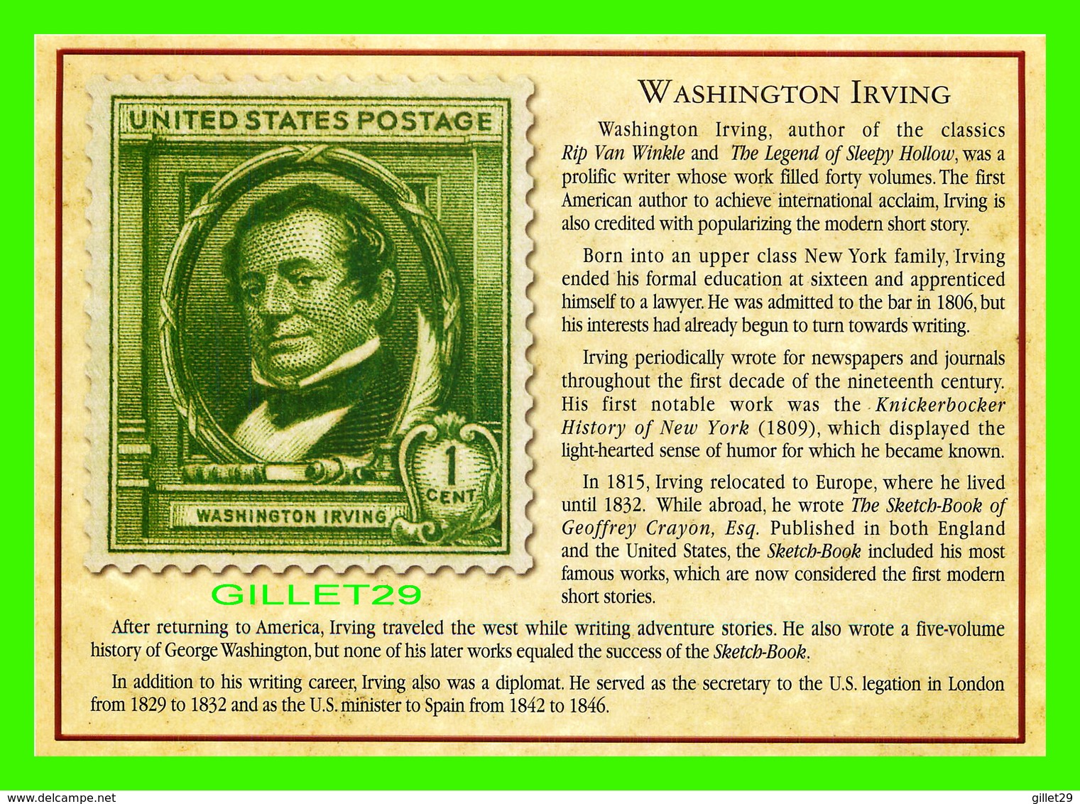 TIMBRES REPRÉSENTATIOINS - GREAT AMERICAN WRITERS, WASHINGTON IRVING (1783-1859) - STAMP ISSUE DATE,1940- - Timbres (représentations)