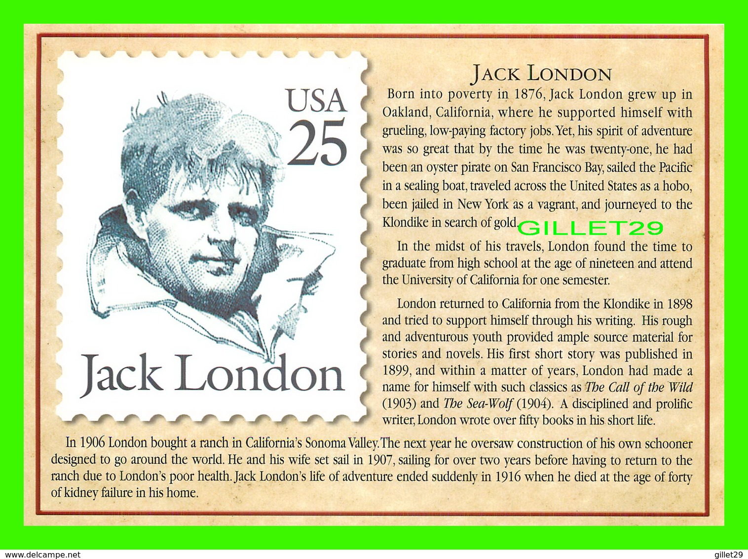 TIMBRES REPRÉSENTATIOINS - GREAT AMERICAN WRITERS, JACK LONDON (1876-1916) - STAMP ISSUE DATE,1986 - - Timbres (représentations)