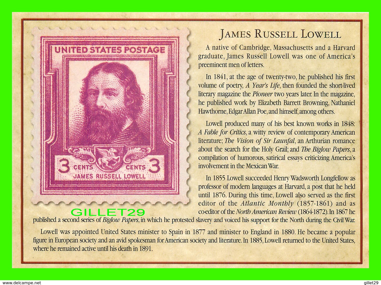 TIMBRES REPRÉSENTATIOINS - GREAT AMERICAN WRITERS, JAMES RUSSELL LOWELL (1819-1891) - STAMP ISSUE DATE,1940 - - Timbres (représentations)