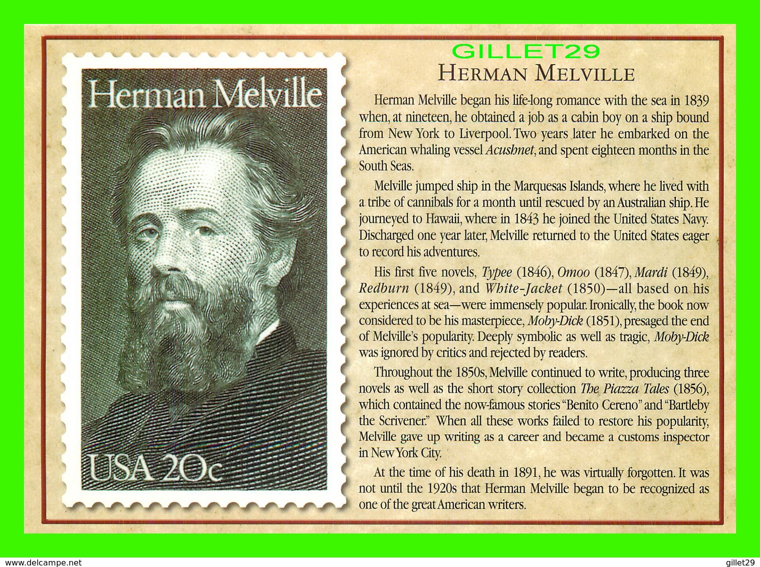 TIMBRES REPRÉSENTATIOINS - GREAT AMERICAN WRITERS, HERMAN MELVILLE (1819-1891) - STAMP ISSUE DATE,1984 - Timbres (représentations)