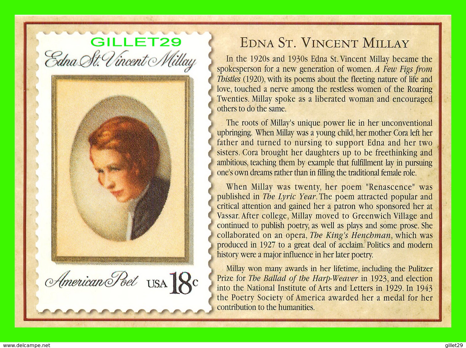 TIMBRES REPRÉSENTATIOINS - GREAT AMERICAN WRITERS, EDNA ST VINCENT MILLAY (1892-1950) - STAMP ISSUE DATE,1981 - Timbres (représentations)